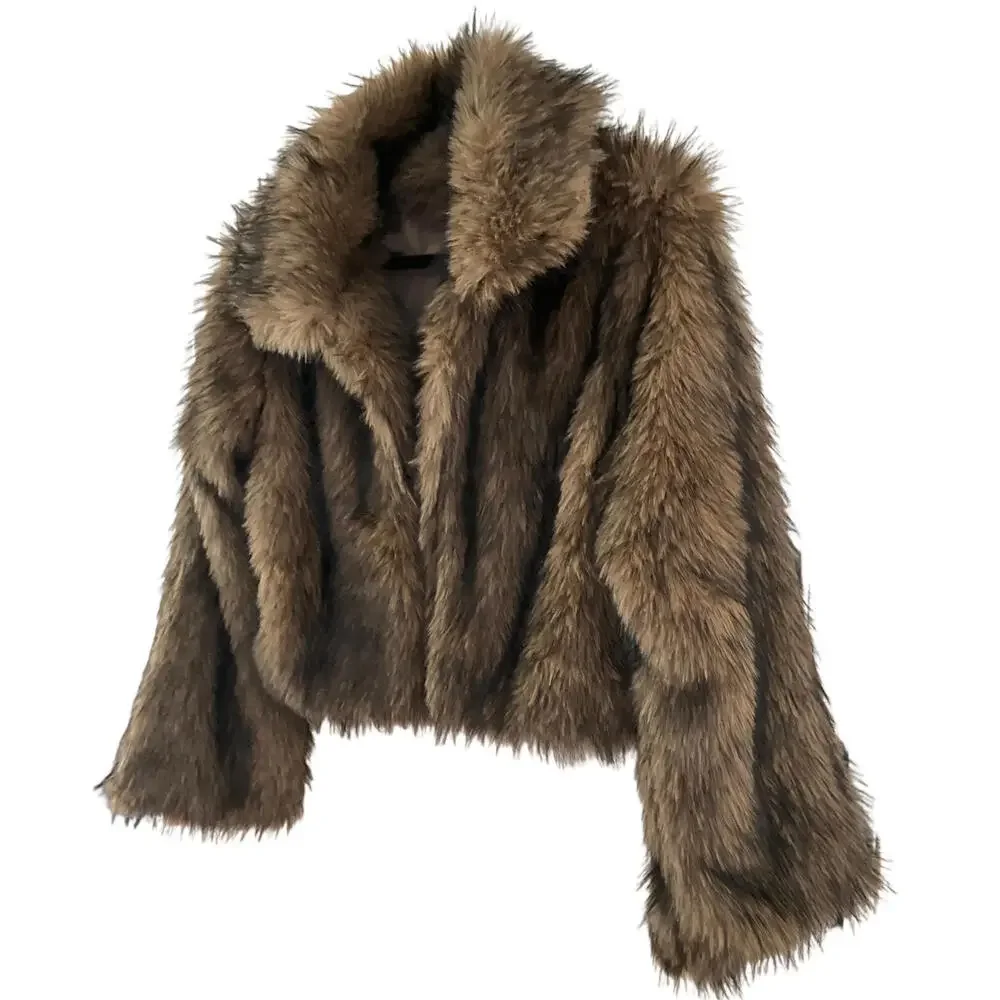 NWT Luxury Sz L Brown Cropped Faux Fur Coat Chic IT Girl Street Style Glam Vibe - Picture 5 of 9